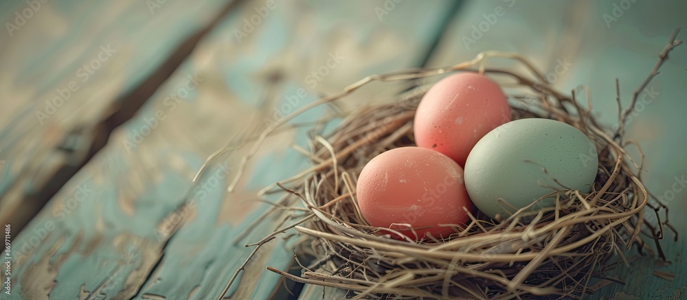 Aufkleber Easter eggs in a nest on a weathered wooden backdrop in a retro vintage style with a soft focus. Ideal for a copy space image.