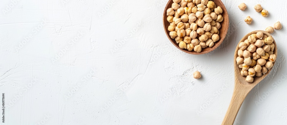 Poster top view of dry organic chickpeas in a wooden spoon on a white background with ample copy space imag