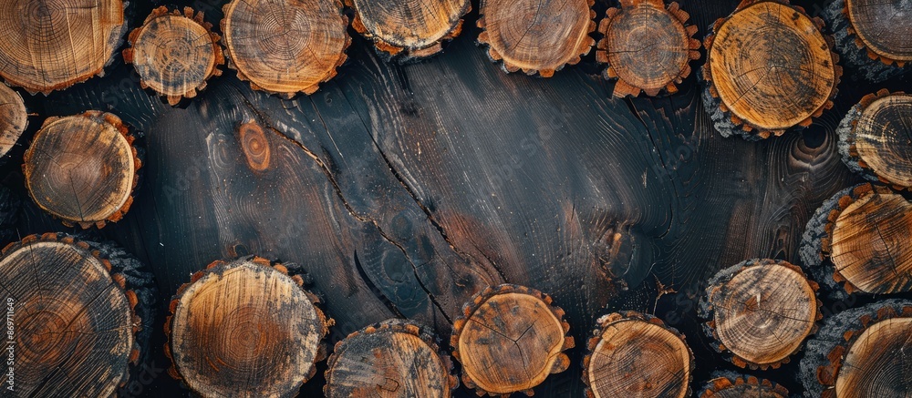 Aufkleber Top view copy space image of tree stumps creating a frame for a computer desktop background.
