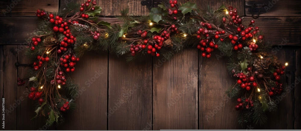 Poster christmas wreath adorned with red berries and twinkling fairy lights displayed on a rustic wooden do