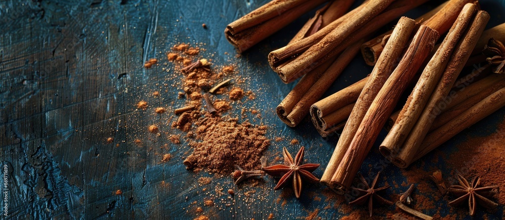Poster cinnamon seasoning displayed with sticks and powder on a dark wooden surface with room for copy spac