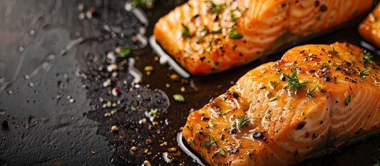 An appetizing dish of salmon fillet with aromatic herbs and spicy seasonings, presented in a visually appealing manner with a blank space for adding text or graphics.