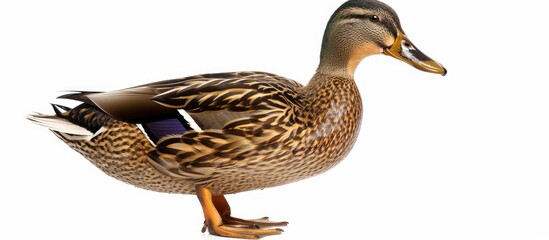 Obraz premium A Brown Khaki Campbell duck against a white backdrop, perfect for a copy space image.