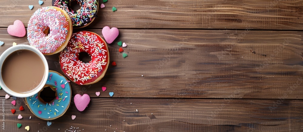 Poster top view of colorful donuts with heart-shaped sprinkles and smarties, next to a cup of coffee on a w