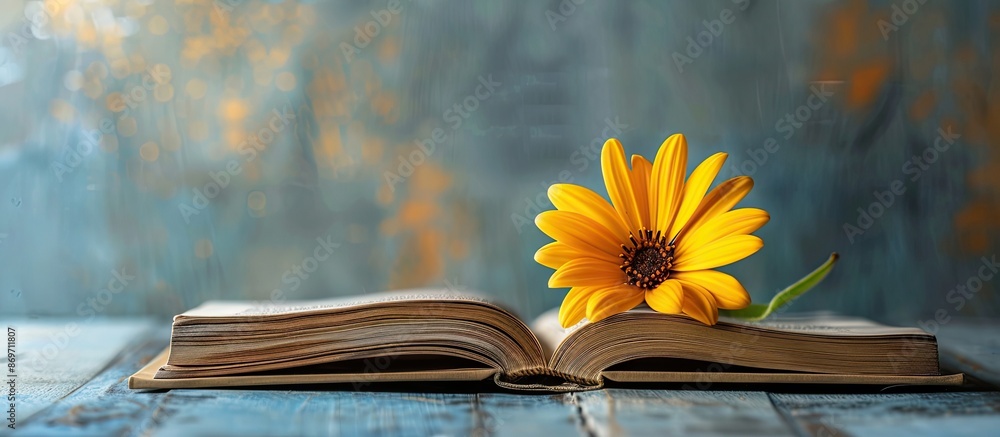Poster a flower placed on an open book on a light table, set against a book background, creates a back-to-s