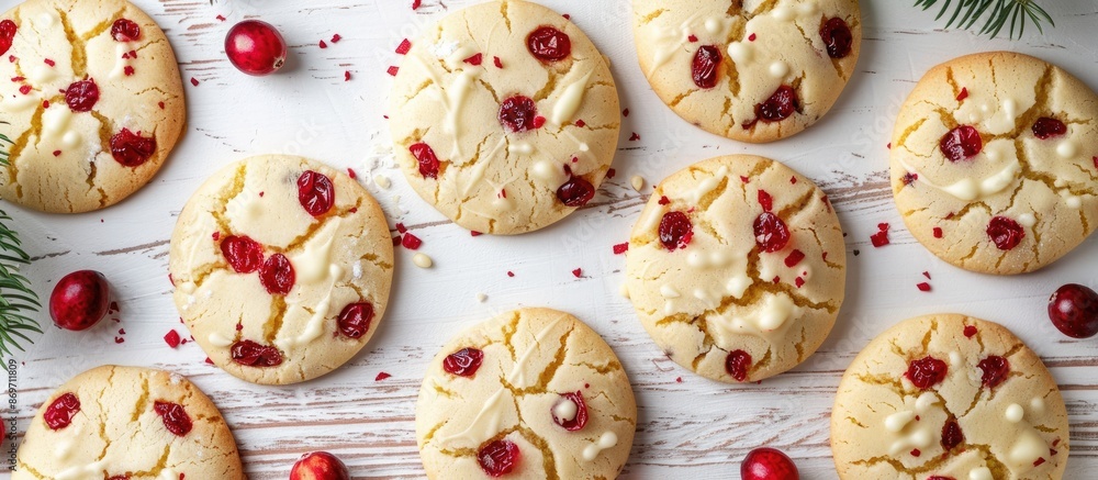 Aufkleber white chocolate cranberry cookies arranged on a white wood surface for the christmas holiday; ideal 