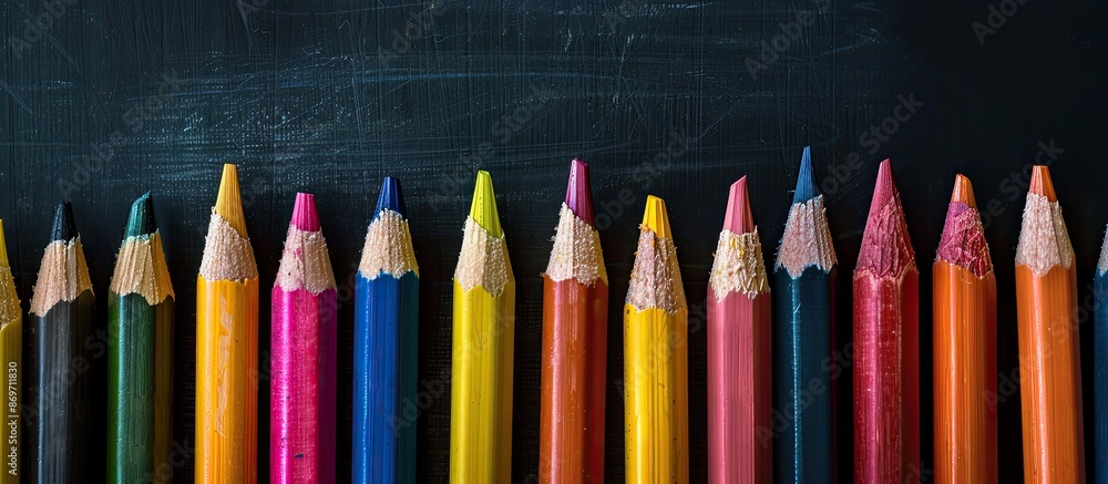 Poster Vibrant colored pencils displayed in front of a blackboard, creating copy space for writing or drawing.