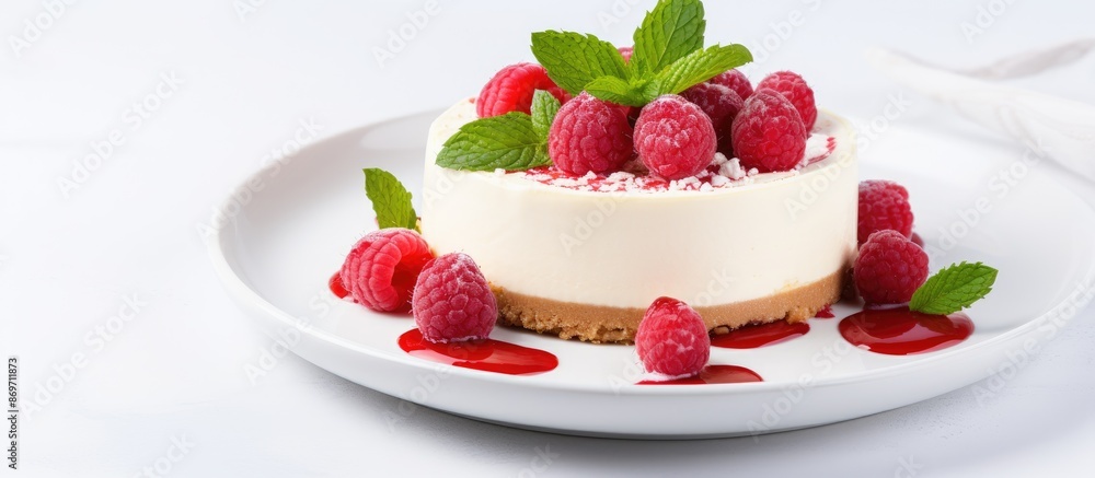 Leinwandbilder top-down view of a raspberry cheesecake on a white plate with mint leaves, featuring a blank space f