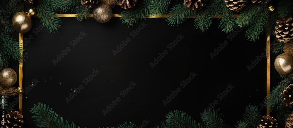 Aufkleber top-down view of a christmas and new year-themed black backdrop adorned with fir decorations, offeri