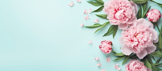 Trendy top view Mother's Day greeting card design featuring pink peony flowers on a blue mint background with paper confetti and copy space image, suitable for summer birthdays or anniversaries.