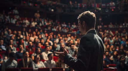 Fototapeta premium A professional speaker in a suit addresses a large, attentive audience in an auditorium.