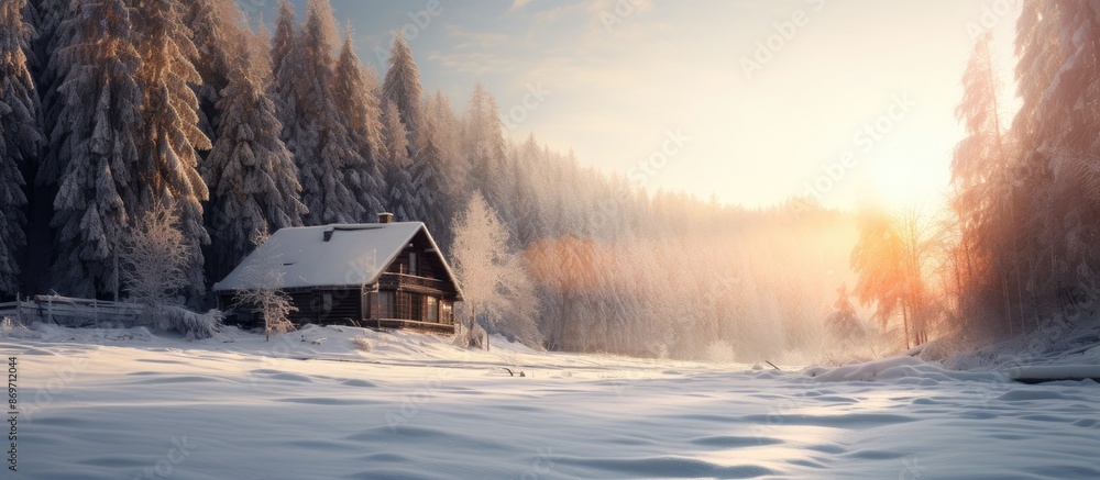 Aufkleber sunlight glistening on a snowy roof of a distant house with a forest in the front. ample copy space 