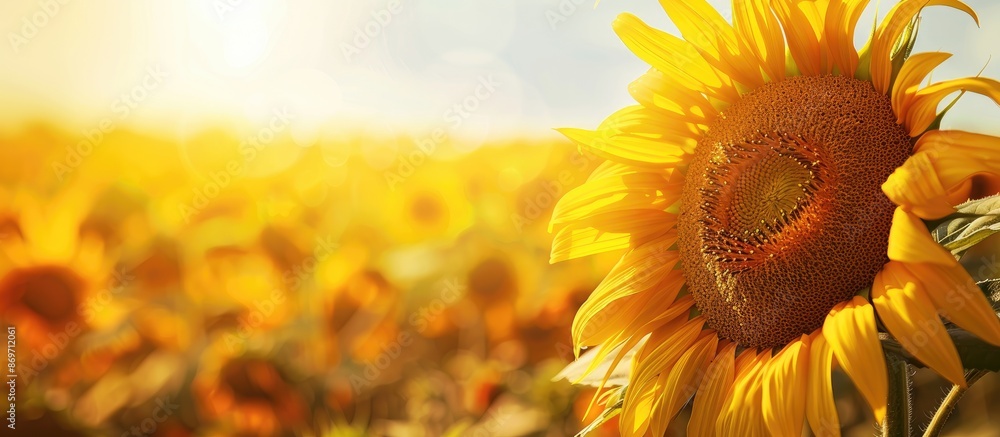 Poster Close-up of a blooming sunflower in a field, creating a natural summertime agricultural background with selective focus and copy space image.