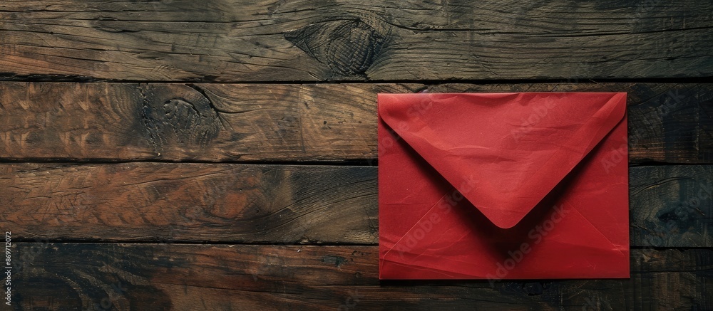 Poster A red envelope with a blank paper placed on top against a rustic wooden backdrop, creating a composition with copy space image.