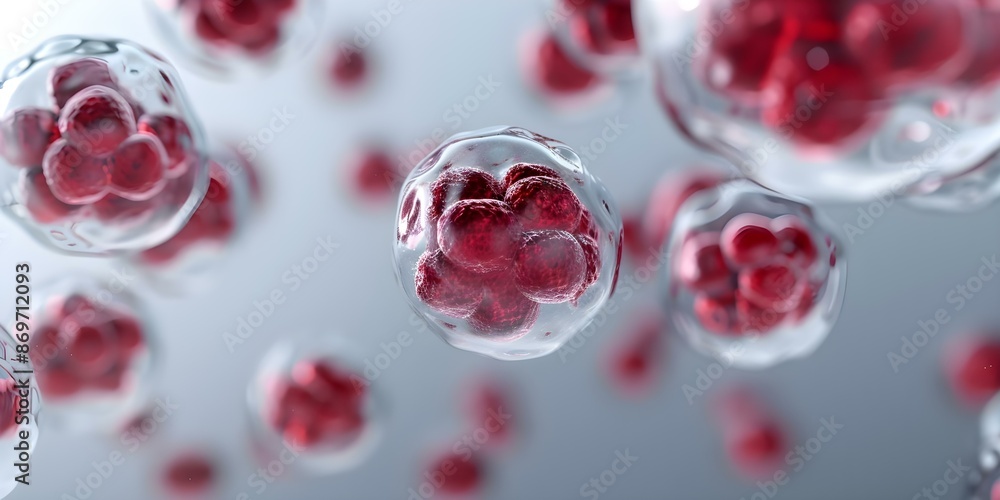 Poster visualizing human or embryonic stem cells through 3d rendering. concept stem cell visualization, 3d 
