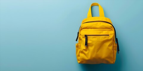 Yellow school bag on blue background with digital design elements. Concept School bags, Yellow accessories, Digital design, Blue background