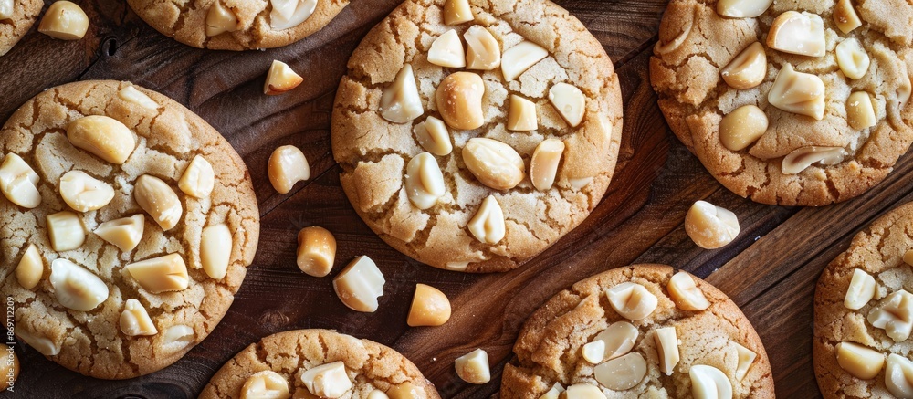 Poster an aerial shot of white chocolate macadamia nut cookies with a copy space image.