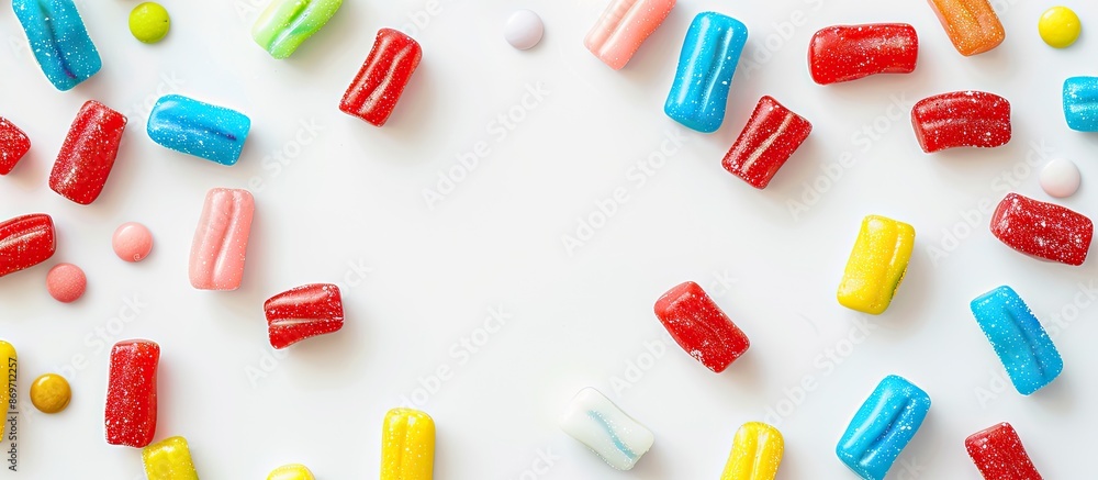 Poster top view of sweet chewing gums on a white background with copy space image.