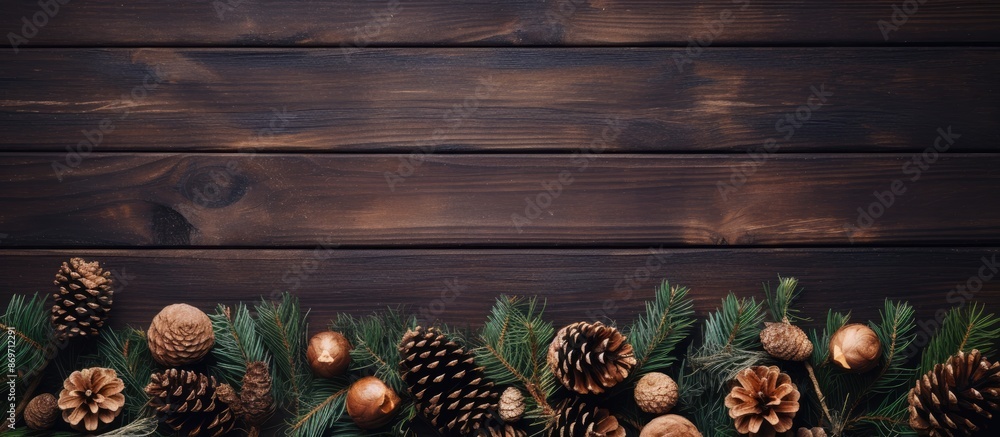 Aufkleber A festive Christmas theme with a frame created from pine branches, fir cones on a vintage wooden backdrop, presented in a flat lay style with a top view, allowing for copy space image.