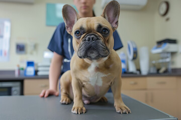 A French Bulldog sits attentively on an examination table at a veterinary practice clinic