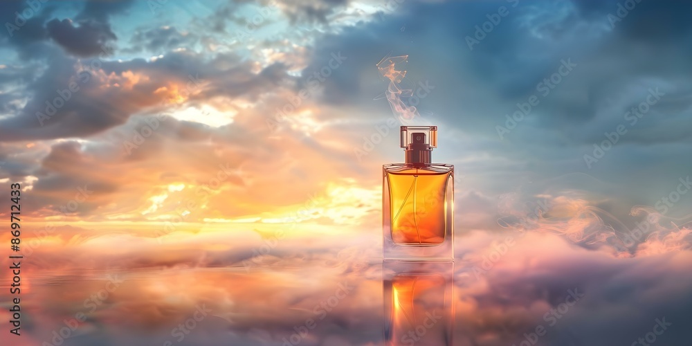 Poster perfume bottle art against cloudy sky generated using neural network. concept neural network art, pe