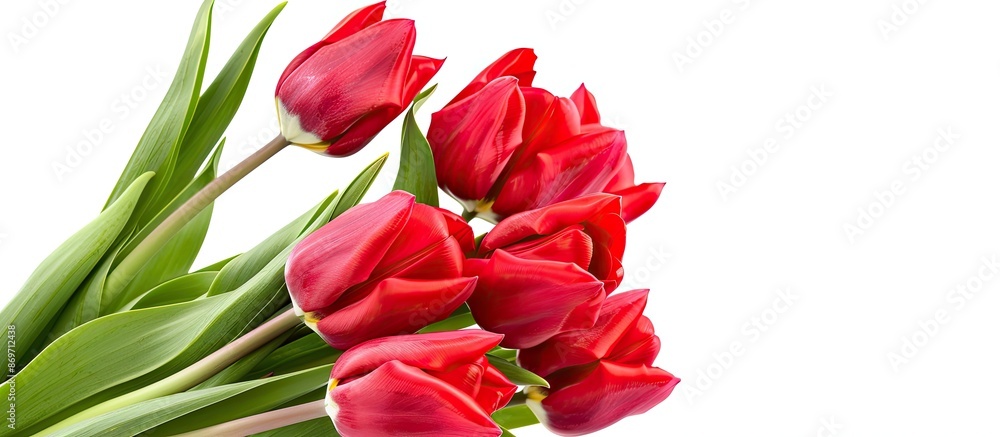 Aufkleber Spring flowers in a red tulip bouquet isolated on a white background suitable for a greeting card design with copy space image for congratulations or invitations.