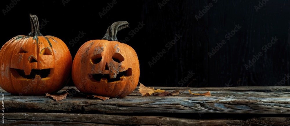 Poster halloween-themed image with two pumpkins displayed on a rustic wooden table against a black backdrop