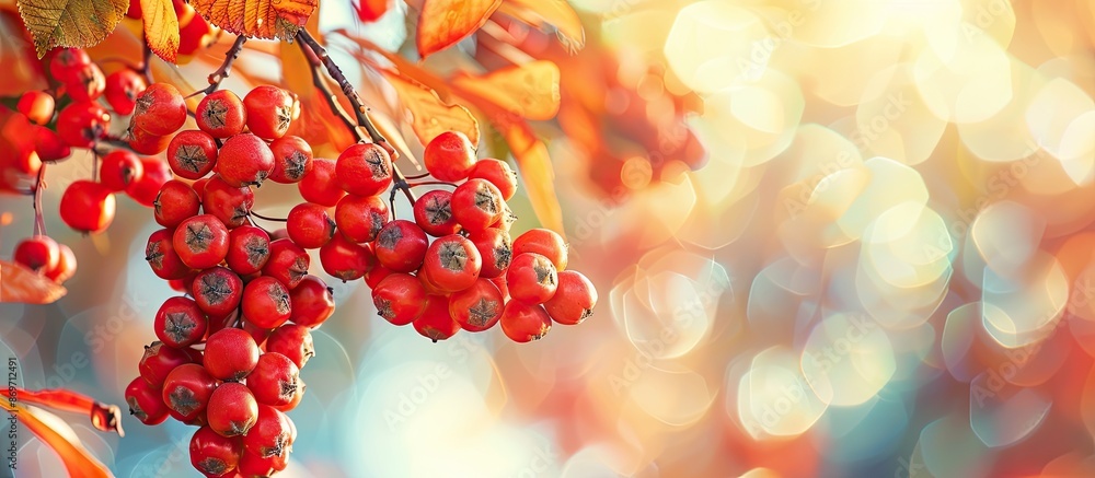 Aufkleber close-up of red rowan berries and leaves on a branch in autumn, with sour yet vitamin c-rich berries