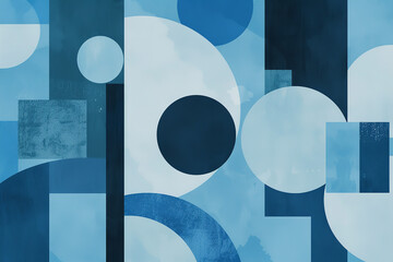 A minimalist abstract background features geometric shapes in various shades of blue. This composition emphasizes simplicity and modern design, with the geometric forms
