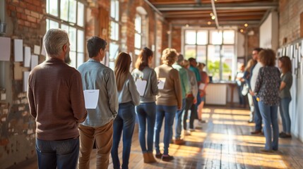 Obraz premium A diverse group of individuals stands in a sunlit room with large windows, engaged in a workshop or group activity