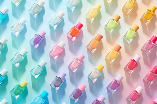 A minimalist flatlay arrangement featuring multicolored nail polish bottles in pastel colors creates a visually appealing pattern