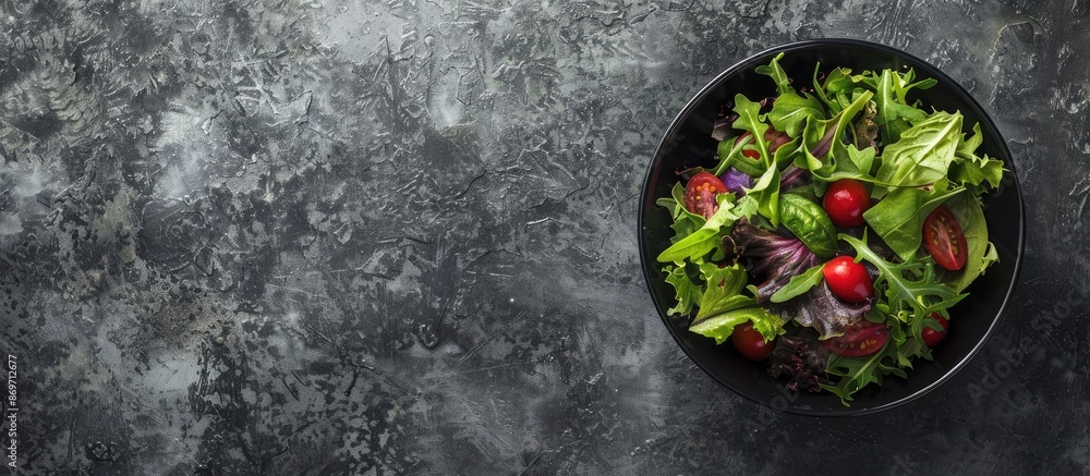 Sticker Top view of a fresh salad bowl on a stone surface, with room for additional text or images in the frame.