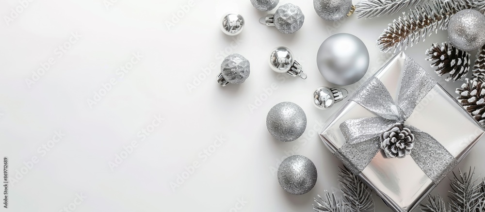 Poster top view of silver christmas decoration balls and a gift on a white background with a festive xmas p