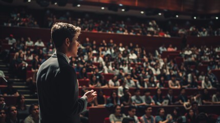 A professional speaker in a suit addresses a large, attentive audience in an auditorium.