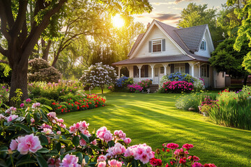 A picturesque home stands amidst a lush green lawn and vibrant flower garden, bathed in the warm glow of sunlight filtering through the trees during a summer sunset