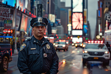 A police officer stands in the middle of a busy street, maintaining order amidst the bustling activity. The scene captures the officer's vigilance and authority