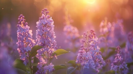 lilac flowers in meadow at sunset soft purple hues golden hour lighting dreamy atmosphere romantic landscape fragrant blooms gentle breeze serene natural beauty pastoral scene