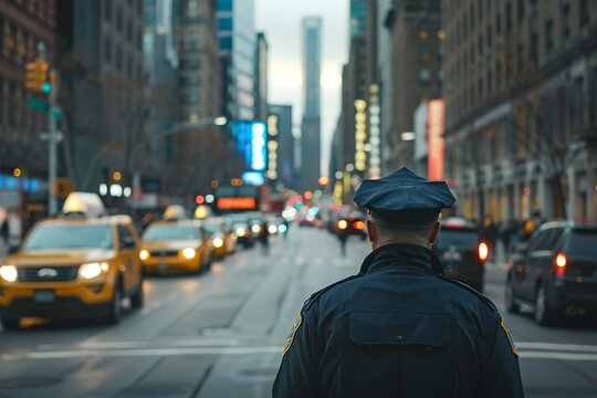 A police officer stands in the middle of a busy street, maintaining order amidst the bustling activity. The scene captures the officer's vigilance and authority