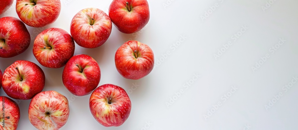 Poster Multiple apples arranged on a clear white backdrop with a visible empty space for text or graphic elements, creating a copy space image.