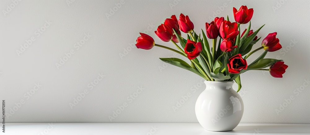 Fototapete elegant arrangement of red tulips in a vase on a white background with copy space image.