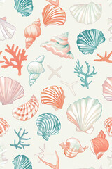 A seamless pattern with colorful seashells, their intricate designs rendered in soft pastel hues against an off-white background