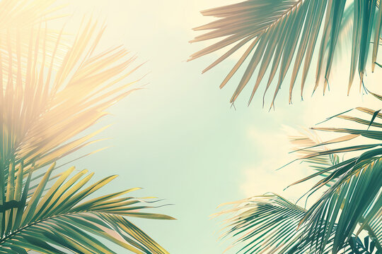 A tropical palm tree background with soft pastel summer colors evokes vintage retro tones. This aesthetic blends nostalgic hues with the vibrant greens of palm leaves under a warm

