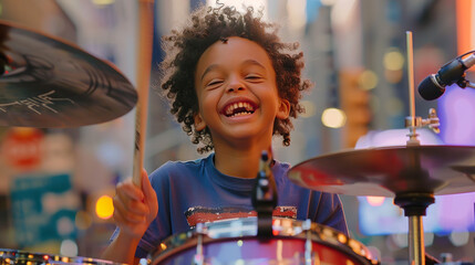 A vibrant and energetic 8-year-old kid, surrounded by colorful drumsets and cymbals, in a cinematic photo captured on a warm, golden hour-kissed film, with a blurred background