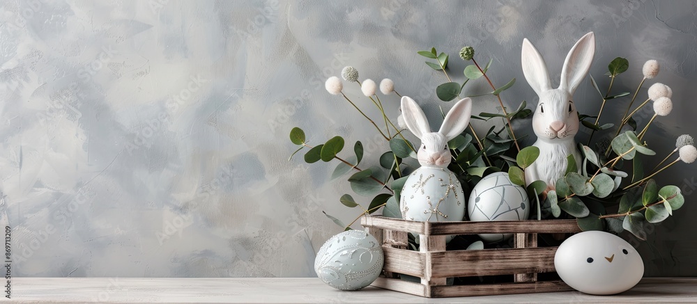 Poster sophisticated easter-themed arrangement with soft-hued eggs in wooden crate, a porcelain bunny, and 