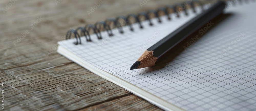 Aufkleber Simple graphite pencil lies on a blank white sheet in a checkered notepad against a backdrop of wooden boards, with copy space image.