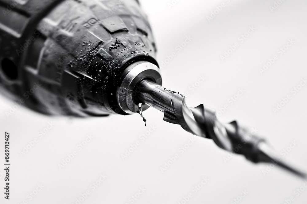 Poster close-up of a power drill bit in black and white showing the tool's detail and precision