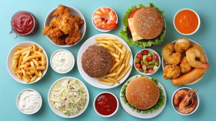 A table full of food including hamburgers, fries, and shrimp
