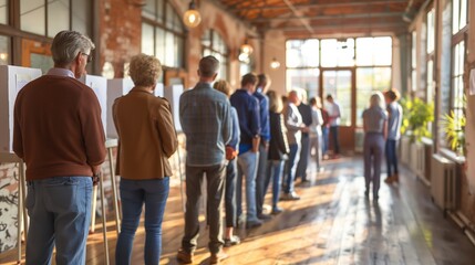 A diverse group of individuals stands in a sunlit room with large windows, engaged in a workshop or group activity