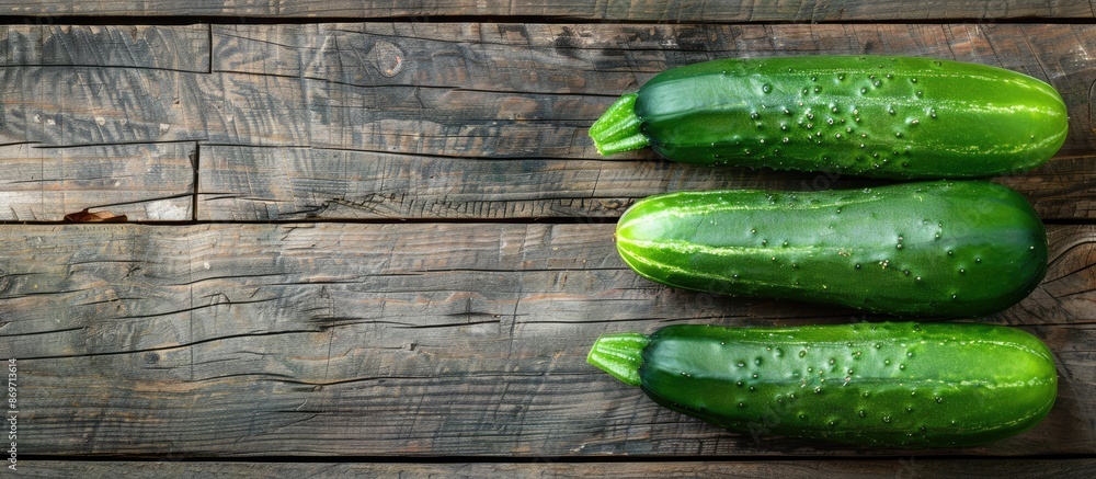 Poster Top-down view of two fresh green cucumbers on a wooden table background, with an empty space for text or a copy space image.