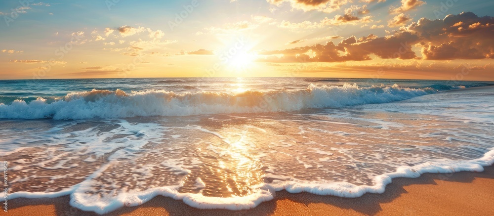 Poster sunset or dawn at the beach with waves over hot sand offers a serene summer backdrop with room for t